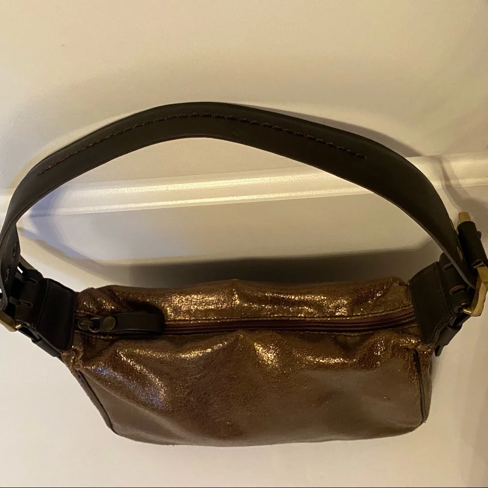 DONALD J. PLINER BAG SHOULDER BRONZE GOLD TEXTURED DARK BROWN LEATHER ZIP TOP